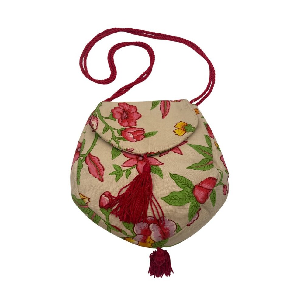 Kathy Robinson Floral Print Purse  Vibrant Tassel & Rope Strap  Eye-Catching Sty
